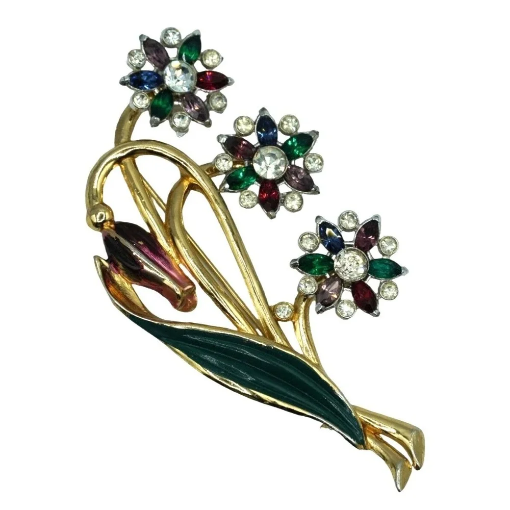Vintage Floral Spray Brooch Rhinestones Enamel Purple Green Blue Red Clear Large